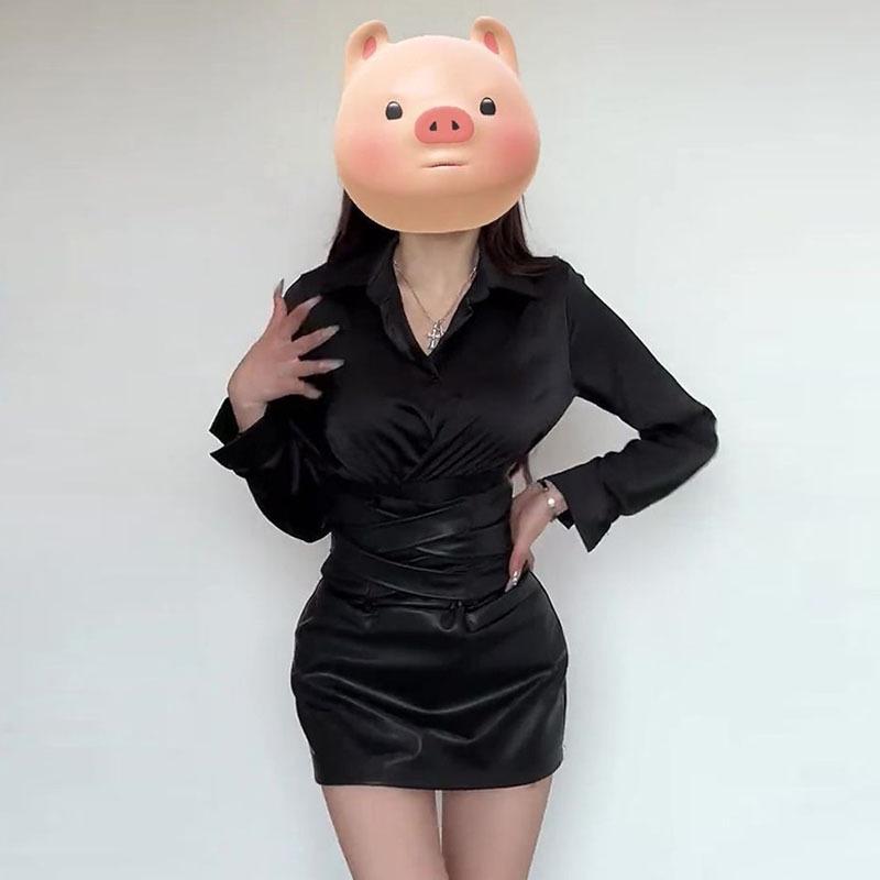 Women's Plus Size Black PU Leather Bodycon Mini Skirt - High-End Spring/Autumn Style with Ant Waist Design