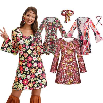 Жіночий костюм хіпі Карнавальна вечірка Дискотека 70-х Набір танцювальних костюмів Сукня з пов'язкою на голову