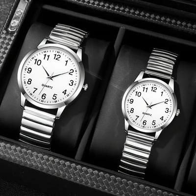 1/2PCS Couple Quartz Watch Fashion Creative Arabic Numerals Round Dial Elastic Band Elegant Couple Wristwatch Gift for Lovers
