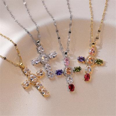 Luxury Female White Rainbow Zircon Stone Cross Pendant Necklace Vintage Gold Color Wedding  For Women