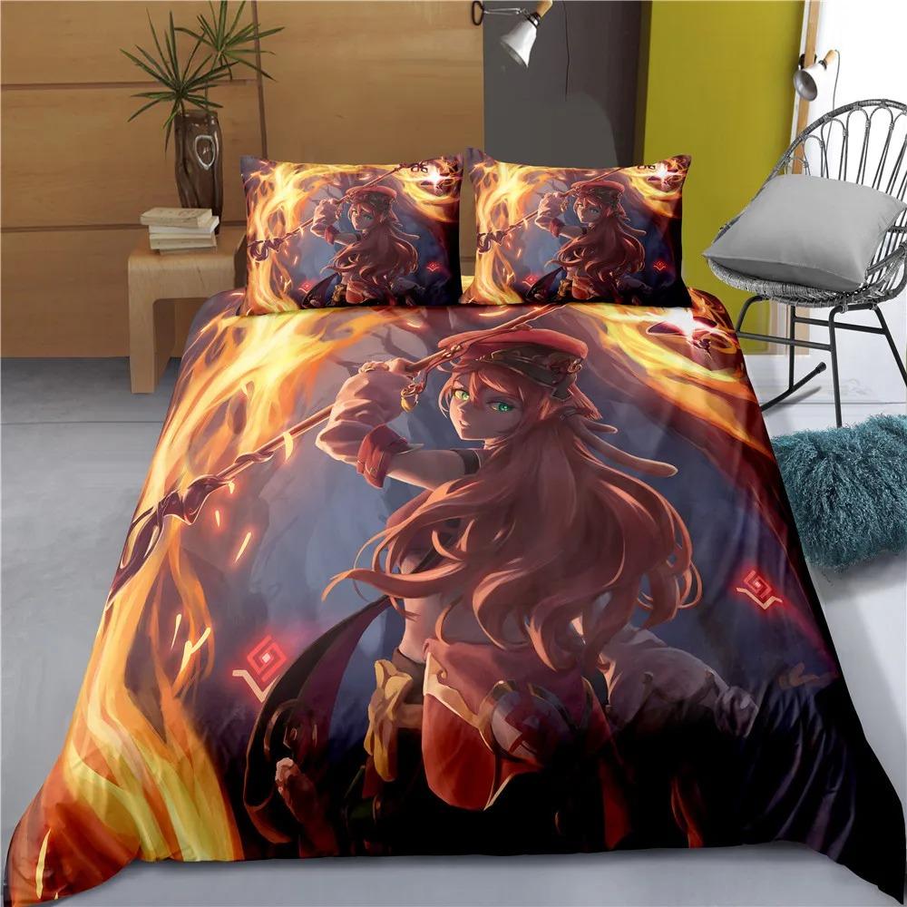 Comforter Indecor Genshin Impact Keqing Bedding Set Single Twin Full Size For Kids Adults Bedroom Decor