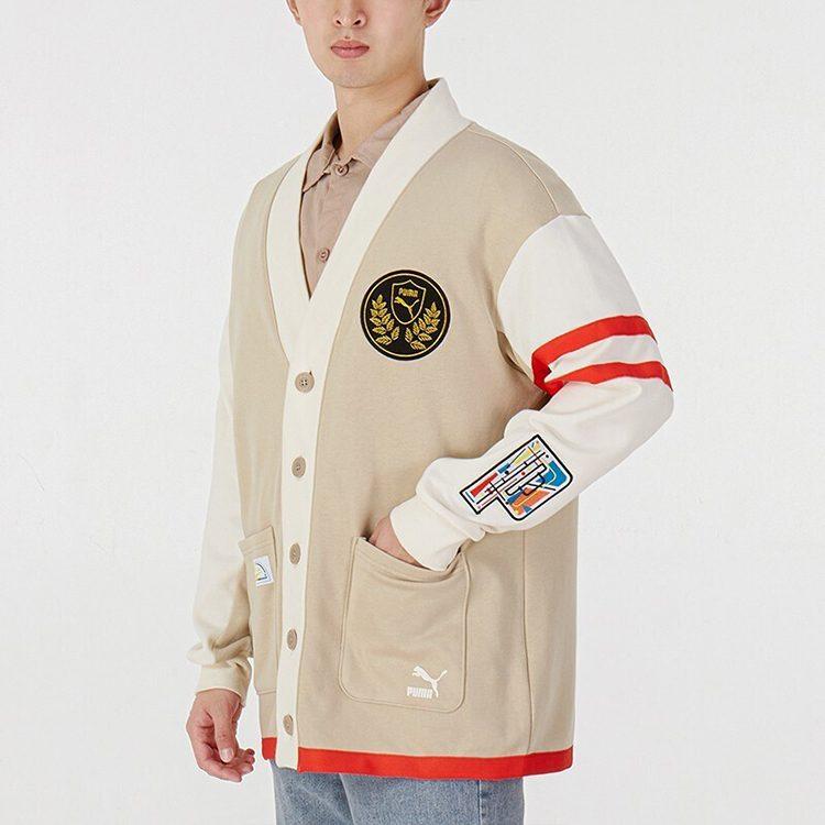 Puma Mix Badge Long Knitwear Unisex Ecru V Neck Moderate Cardigan 537004-64