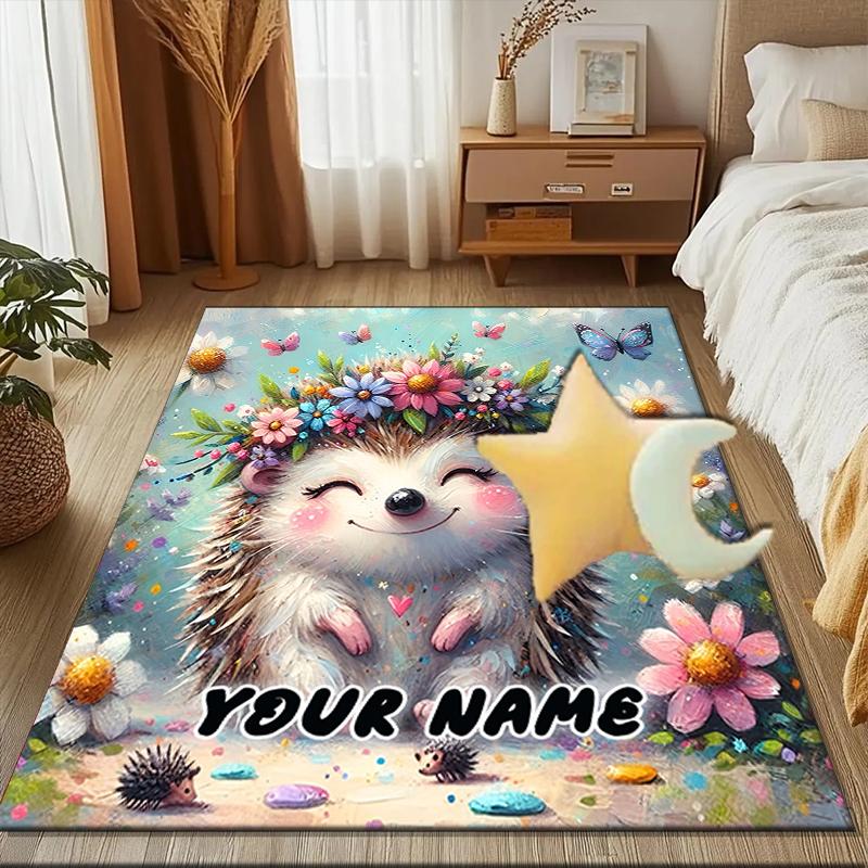 1PC Custom Name Floral Hedgehog Garden Theme Floor Mat Ideal for Living Room, Game Rooms, Office, Bedroom,Floor Mat Playful Design95