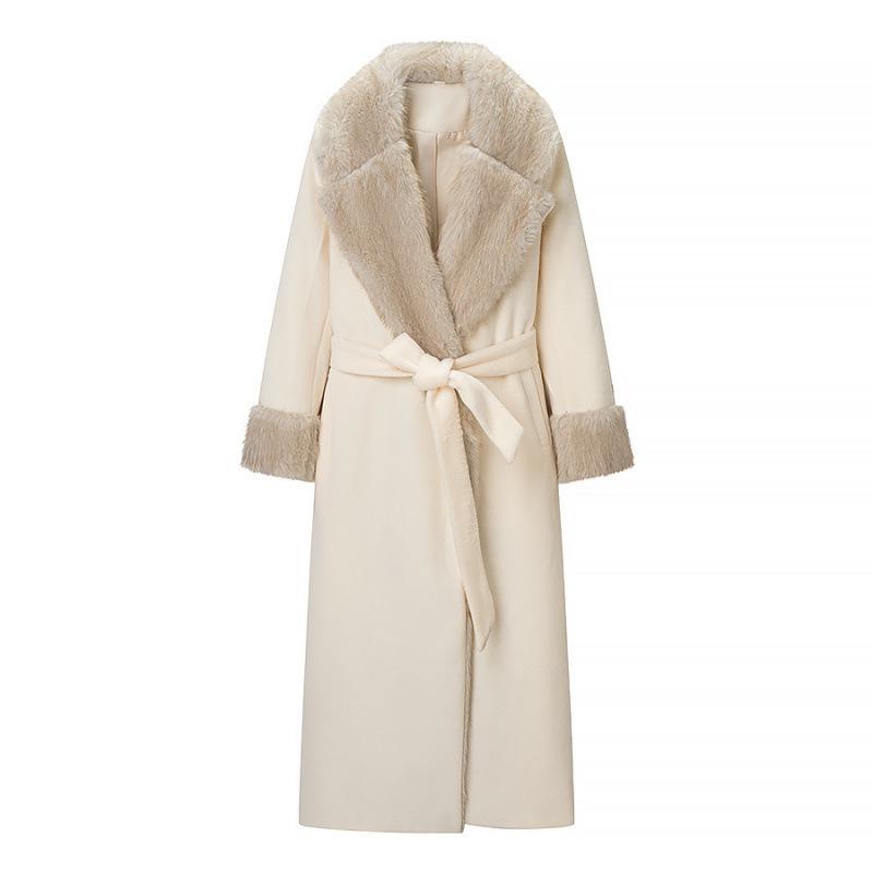 2025 Winter European Style Long Wool Coat with Large Fur Collar M