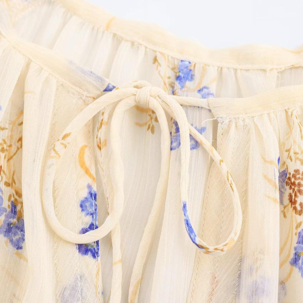 2025 Spring/Summer Floral Print Semi-Sheer Tie Long Sleeve Women's Shirt
