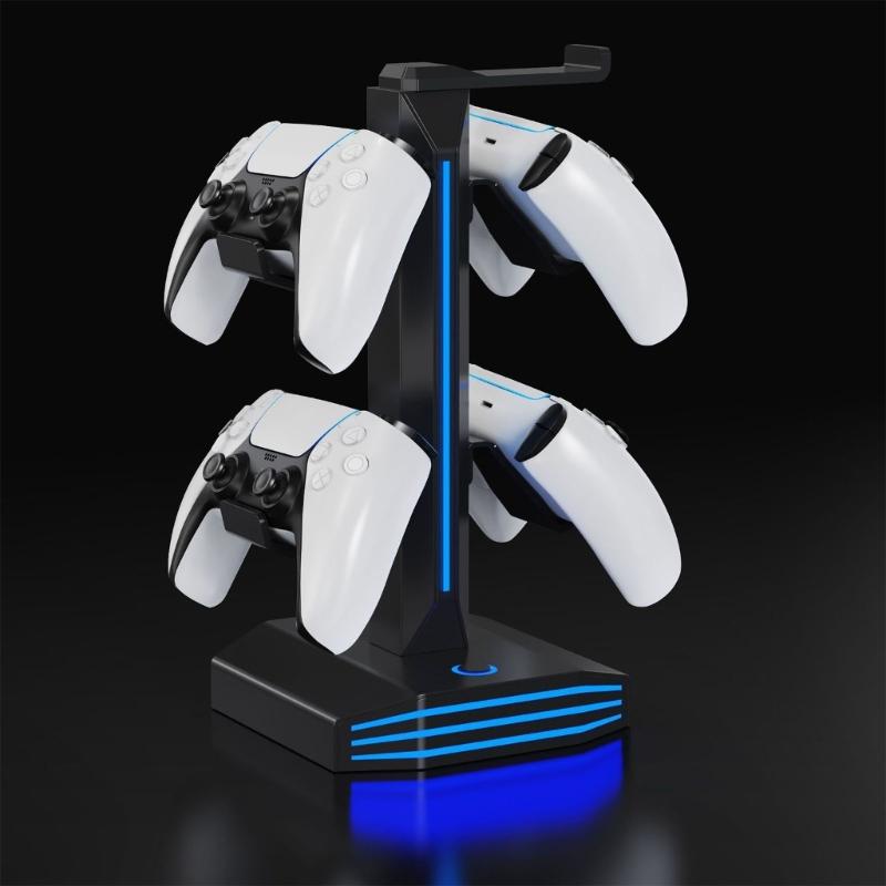 Functional Game Controller Stand Including Power Outlets And LED Features Perfect For Headphones Organization