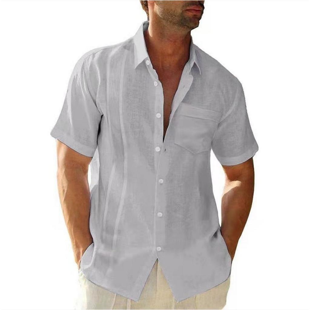 Men's Casual And Fashionable -color Lapel Button Cardigan, Cotton And Linen Men's Short-sleeved Top
