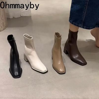 Autumn Winter Design Heel Ankle Boot Fashion Square Toe Zipper Ladies Casual Chelsea Boots Shoes Soft Leather Short Boot