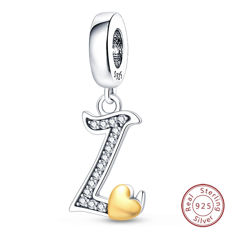 925 Silver Charm Beads Classic Gold Heart-Shaped 26 Letters Pendant For Bracelet DIY Charm Birthday Jewelry