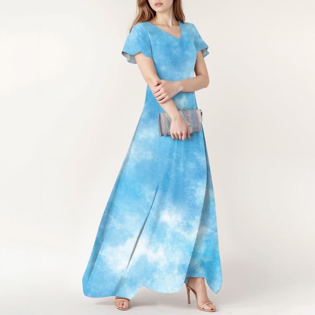Damen Frühling und Sommer Lässige Mode Batik-Druck Kleid V-Ausschnitt Kurzarmkleid