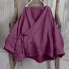 Womens Fashionable Solid Color V-neck Long Sleeved Lace Cotton And Linen Loose Shirt Top