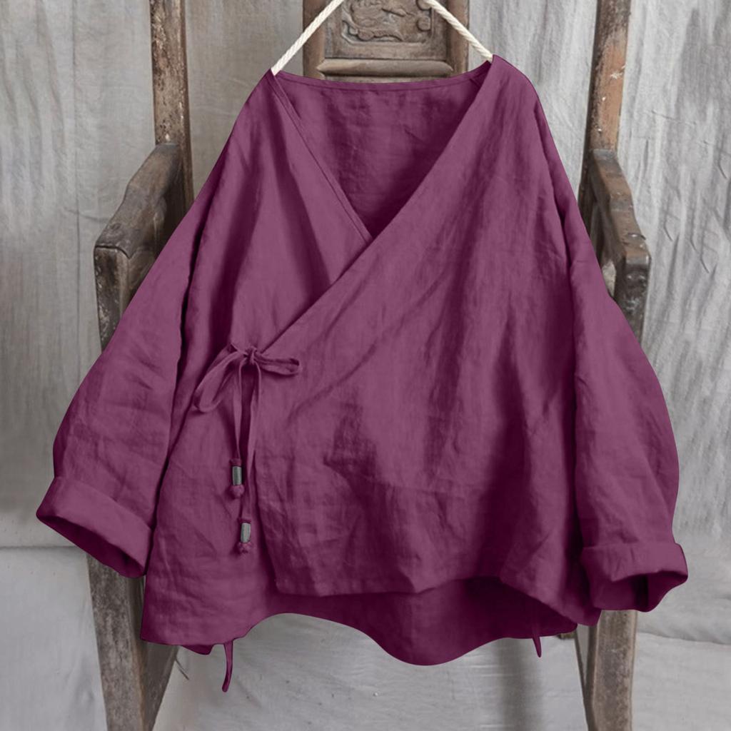 Womens Fashionable Solid Color V-neck Long Sleeved Lace Cotton And Linen Loose Shirt Top