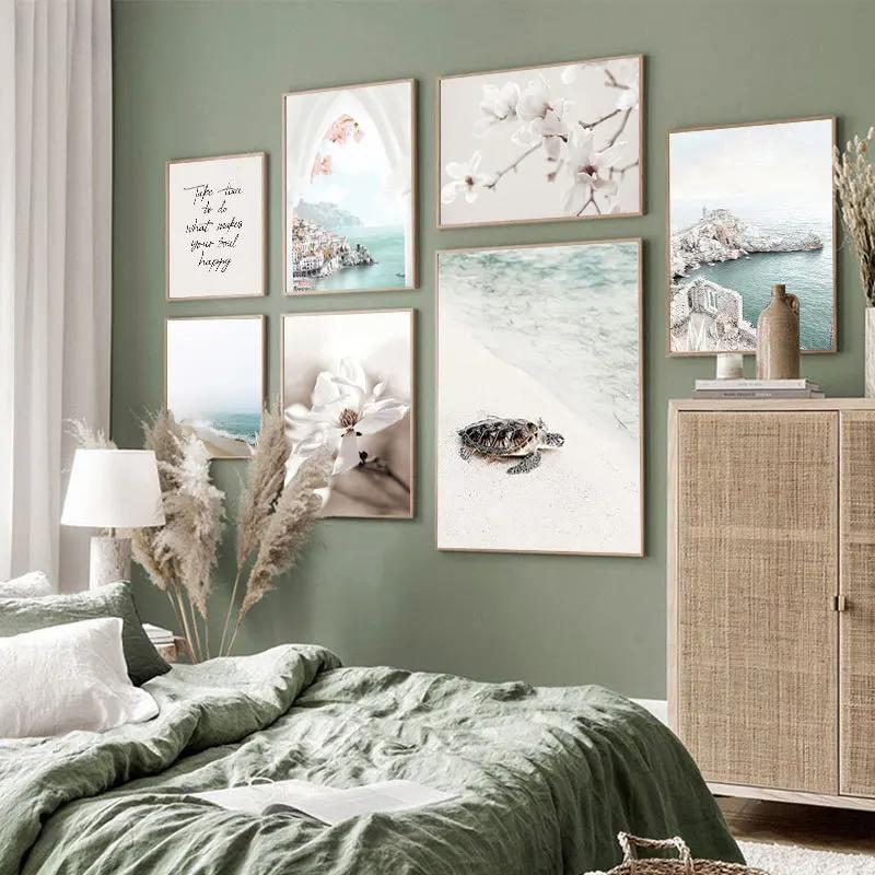 Romantic Blue Beach Posters Coast  Magnolia Flower Print Wall PictureCanvas Painting Nature Theme Blue White Bedroom Decor