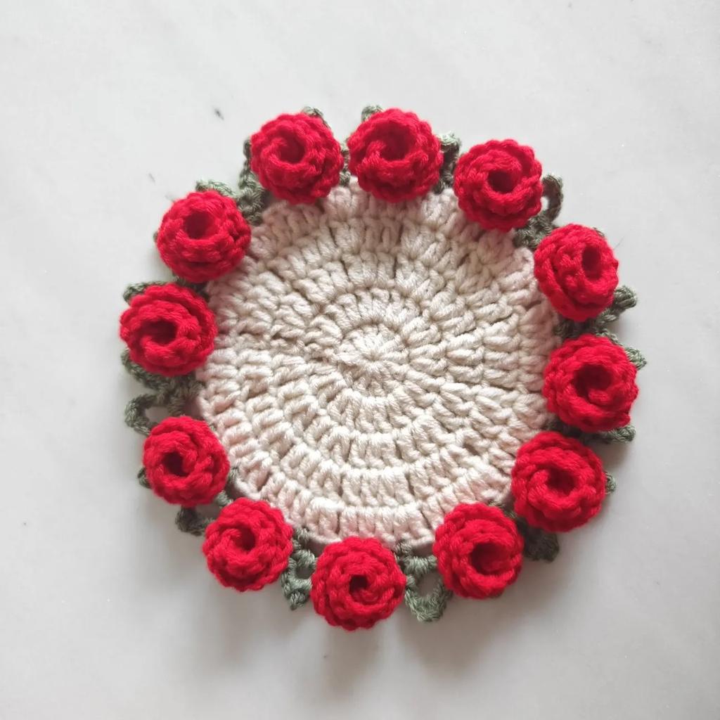 Handmade Crochet Rose Flower Valentine's Day Coaster Heat Resistant Kitchen Table Mat Romantic Home Decor Gift for Wedding Anniv