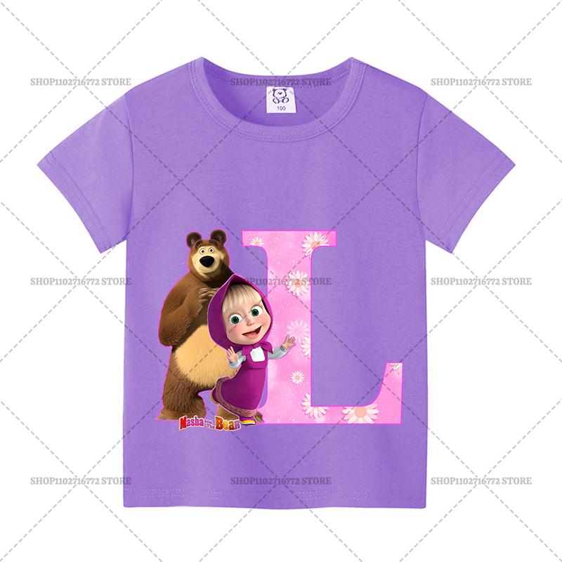 Mashas and The Bear Summer T-shirt Girl Children Tops Cute Cartoon Letters A-Z Print Clothing Short Sleeve Kids Casual Clothes