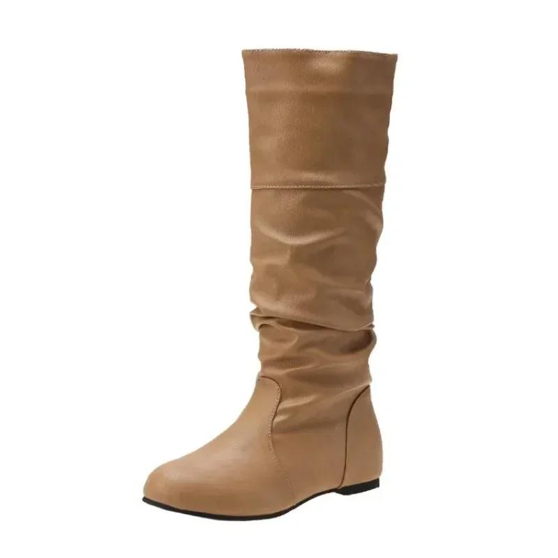 Women's Shoes 2025 Hot Sale Sleeve Women's Boots Autumn Winter Round Toe Solid High Tube Low-heeled Plus Size Western Boots
