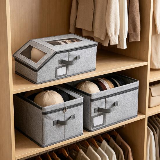 Hat Storage Box, Stackable Space-Saving Design, with Zipper Closure Organizer, Dustproof Clear Window Hat Container, for Men Women Hat Organize