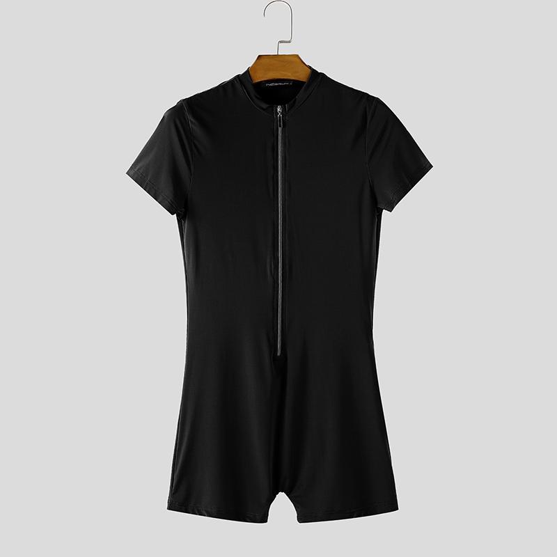 INCERUN Men Short Sleeve Front Zipper Semi-Sheer Jumpsuits Pajamas Sleepwear