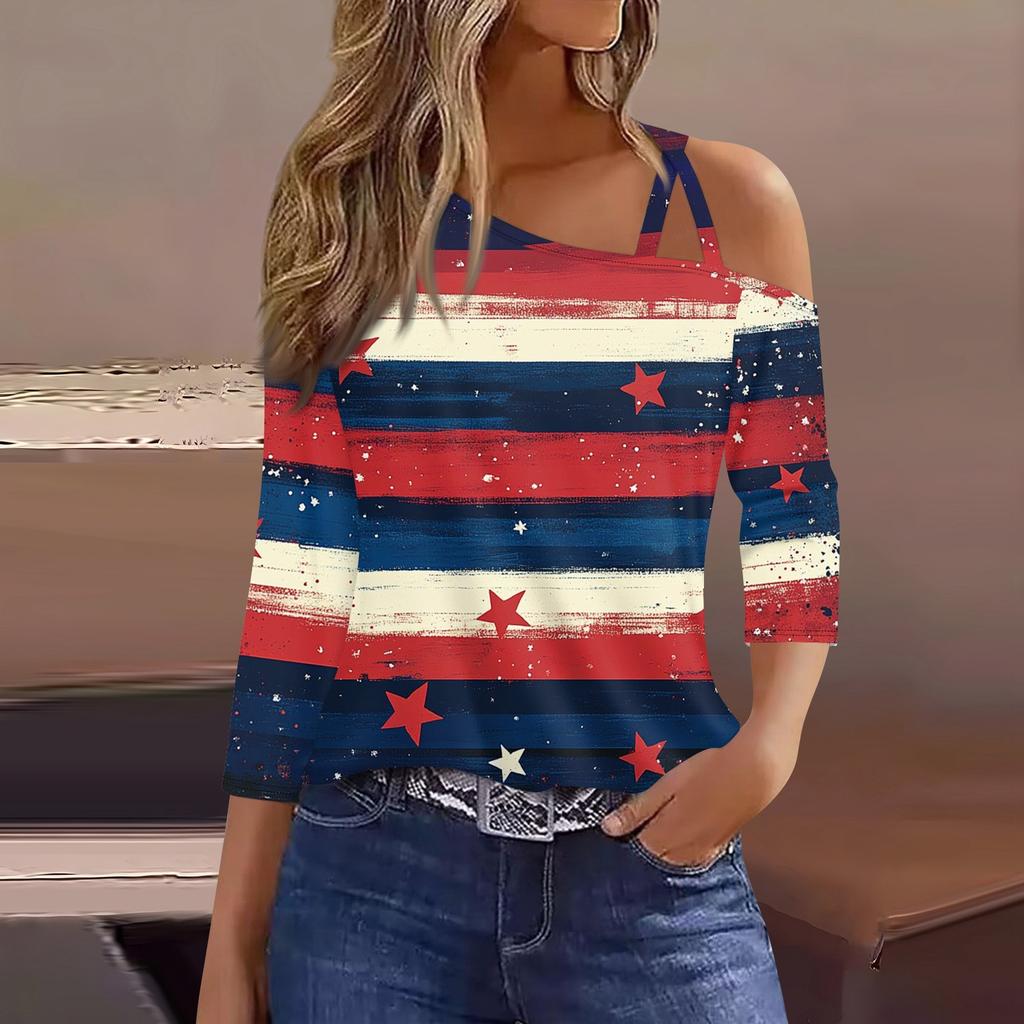 Women's Fashion Casual Independence Day Print Sexy Cold Shoulder 3/4 Sleeve T-shirt Top