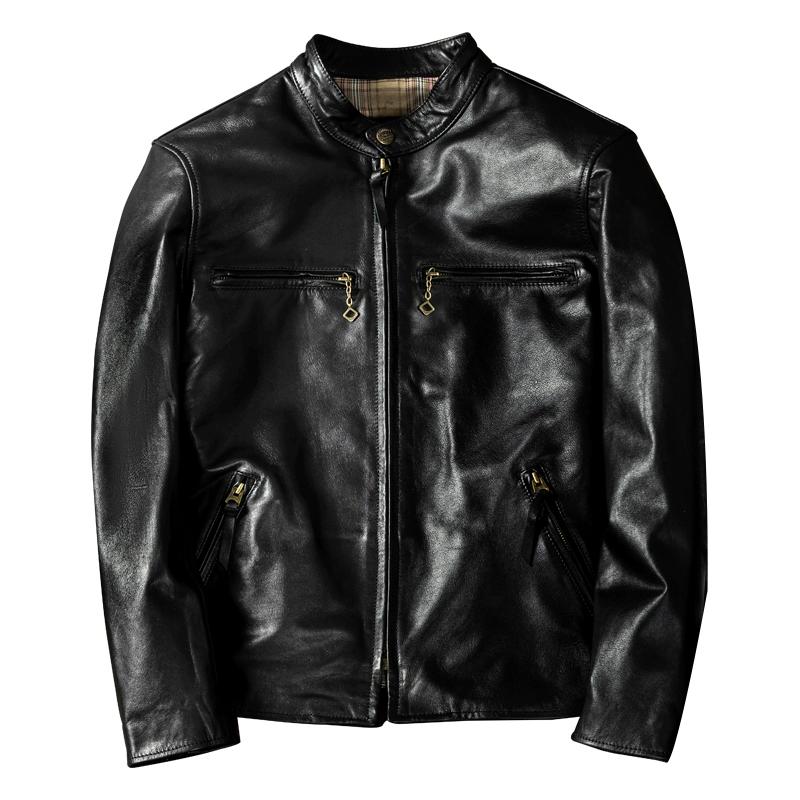 Mens Genuine Leather Jacket Slim Fit Stand Collar Biker Stylish Outerwear Coat