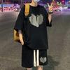 2Pcs/Set Men Summer Outfit Round Neck Short Sleeve Tops Wide Leg Shorts Set Heart Pattern Loose Fit Tracksuit