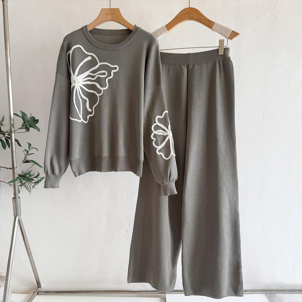 European Style Embroidered Knit Sweater & Loose Wide-Leg Pants Two-Piece Set for Women