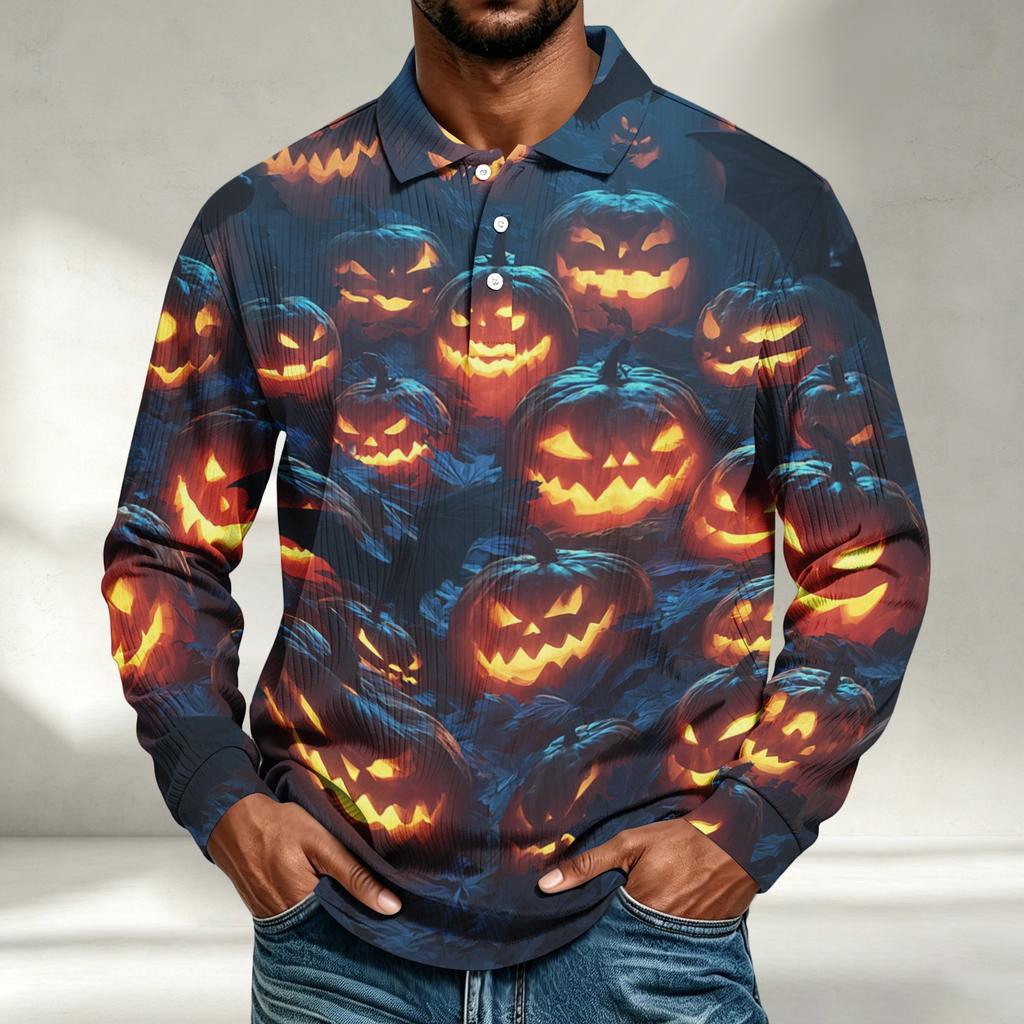 Men's Casual Halloween Printed Long Sleeve Shirt Loose Fit Top