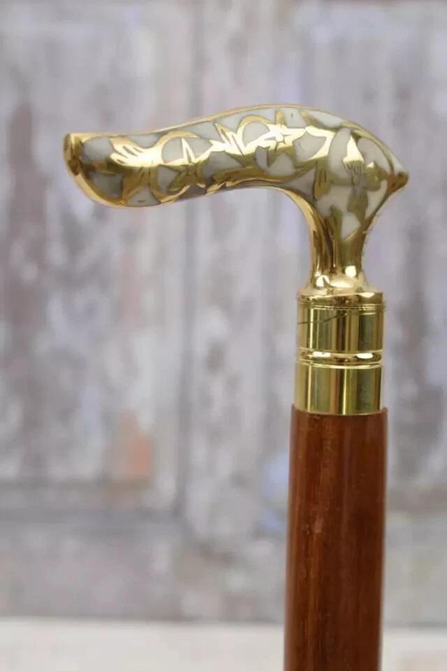 Classic Walking Stick Wooden and Brass - Goldene and White Walking Stick - Brass