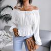 Fashion Elegant Off-shoulder Hem Ruffle Edge Blouse Women Slim Fit Pleated Solid Color Shirt Long Sleeve Casual Simple Short Top Sexy Women's Clothing