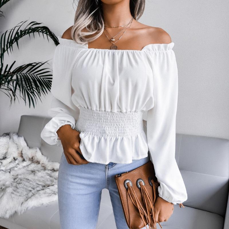 Fashion Elegant Off-shoulder Hem Ruffle Edge Blouse Women Slim Fit Pleated Solid Color Shirt Long Sleeve Casual Simple Short Top Sexy Women's Clothing
