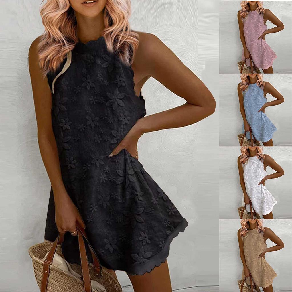 Women's Embroidered Casual Sleeveless Dresses Women's Tank Dress Sleeveless Round Neck  Dress Solid Color Summer Loose Casual Lace Dress