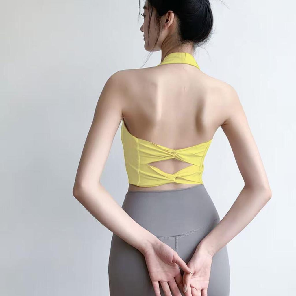 Women's Halter Neck Yoga Tank Top with Chest Pads & Cross Straps - Sexy Fitness Camisole Crop for Pilates