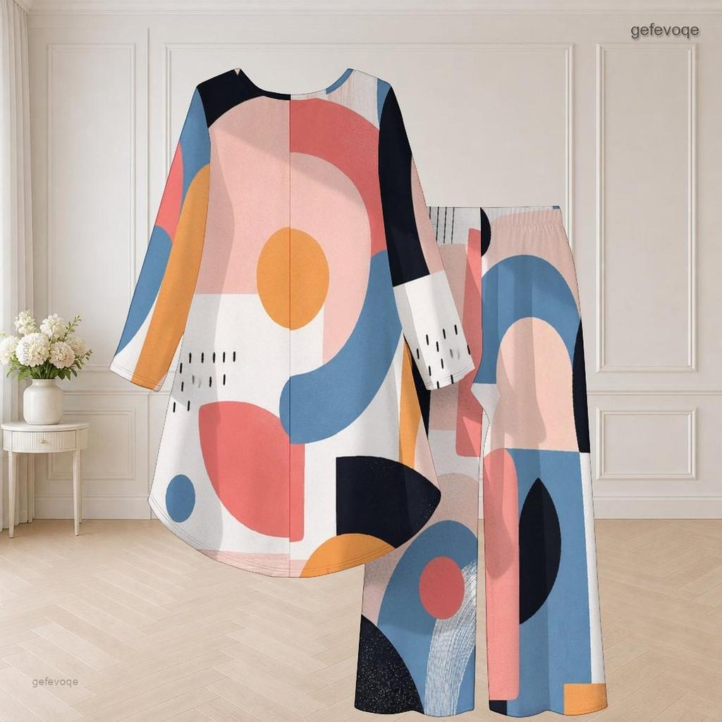 Women Plus Size Navy Blue Printed Round Neck Long Sleeve High Low Top Wide Leg Pants Two Piece Set