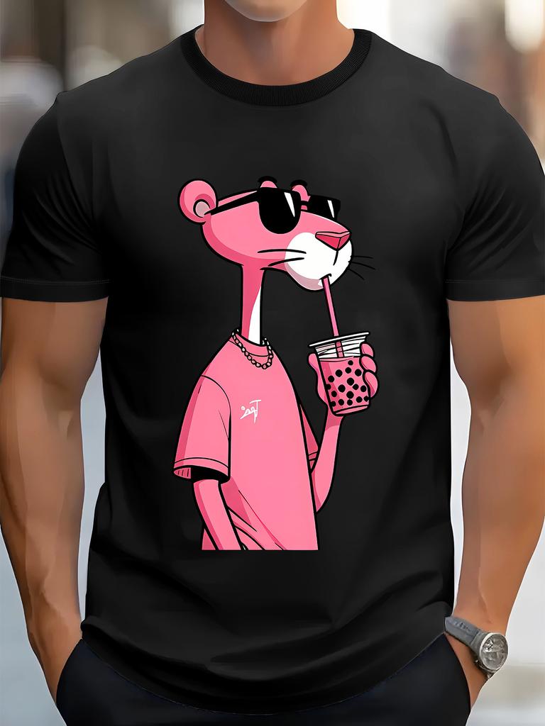 [ Retro Hiphop Tee] Casual  T-Shirt - Milk Tea Leopard Print, Crew Neck, Short Sleeve, All-Season Knit Fabric, Regular Fit