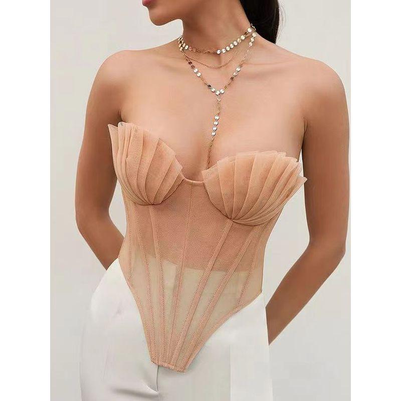 Transition Sexy Shell Pleated Zou Three-Dimensional Fishbone Back Strap Mesh Gentle Beauty Back Vest Flesh Color Inner Wear Blouse