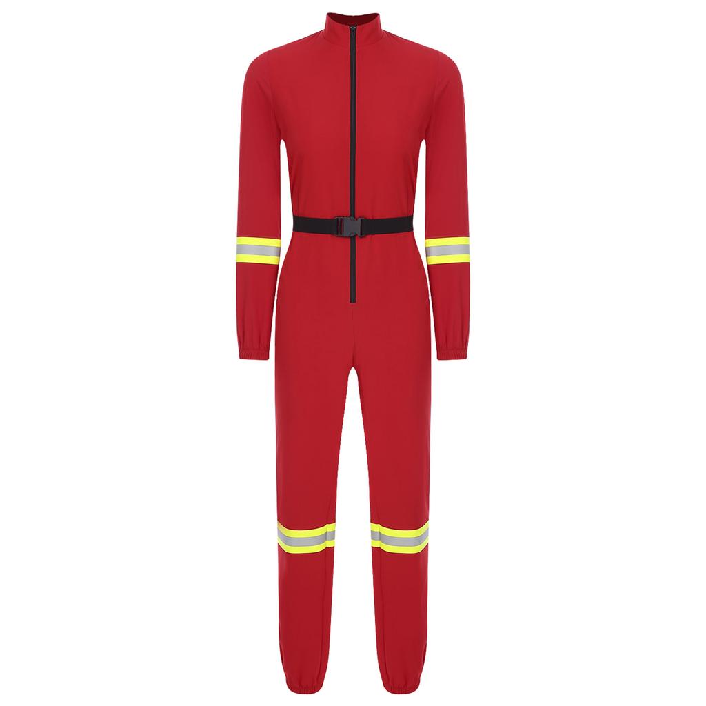 Womens Halloween Firefighter Cosplay Romper Belt Design Stand Collar Long Sleeve Front Zipper Bodysuit Jumpsuit