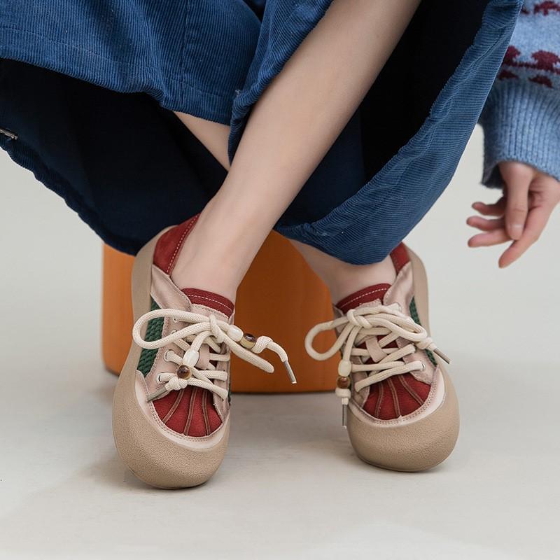 Johnature Mixed Colors Casual Lace-up Flats Genuine Leather Versatile Soft Soled Women's Shoes