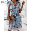 HNXC Loose Summer Pleated Women Midi Dress V Neck High Waist Casual Dress
