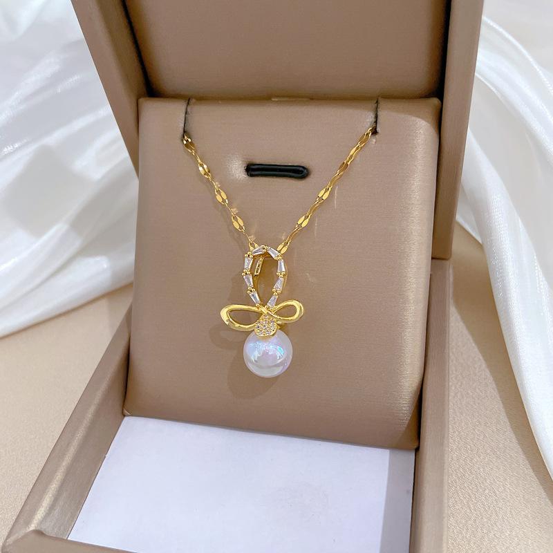 Mermaid Ji Bow Light Luxury Temperament Gorgeous Full Diamond Necklace Female Versatile Collarbone Chain Titanium Steel Chain