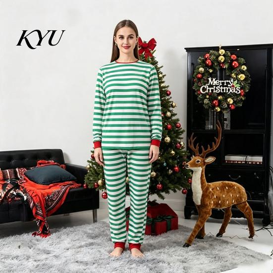 Мягкая одежда для сна на зиму, Комплект matching family pajamas, Зелено-белая полоска, Рождественский, 2 предмета, Милые пижамные комплекты для мужчин и женщин, Праздничные, С длинным рукавом, Для отдыха