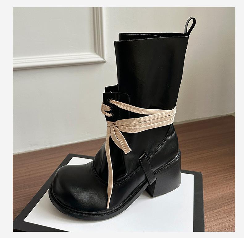 

Thick-soled heightening bundle strap short boots 2025 summer new Spice Girls pile boots thick heel thin round head Martin boots 42 чёрный