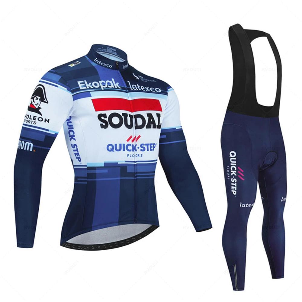 Soudal Quick Step France Jesienny Zestaw Koszulek Rowerowych Ubrania na Rower Szosowy Długi Rękaw Jednolity Strój MTB Spodenki na Szelkach Rowerowe Koszulka Sportowa do Jazdy