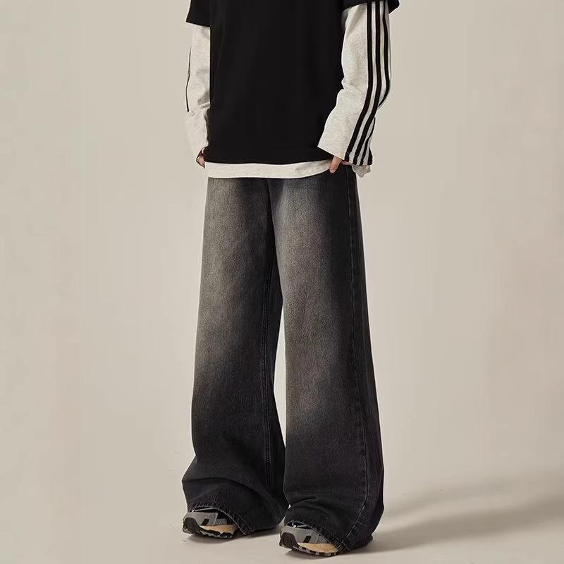 Men's 2024 Washed Black Wide-Leg Jeans - Tall, Casual, Loose Fit, American Trend for Spring & Autumn.