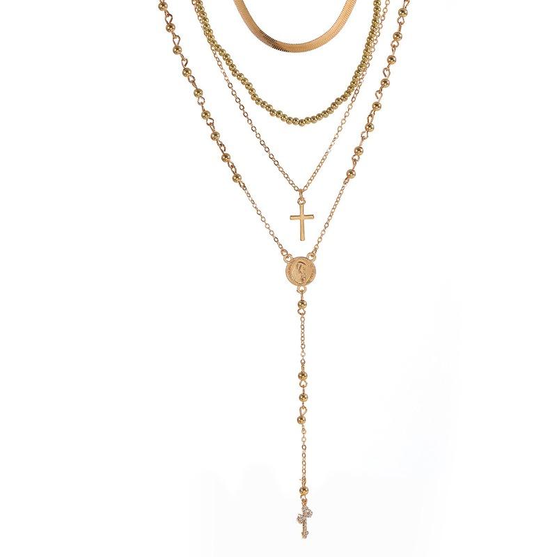 Long Cross Necklace Alloy Beads Stacked Design Portrait Tag Collarbone Chain Jewelry Women