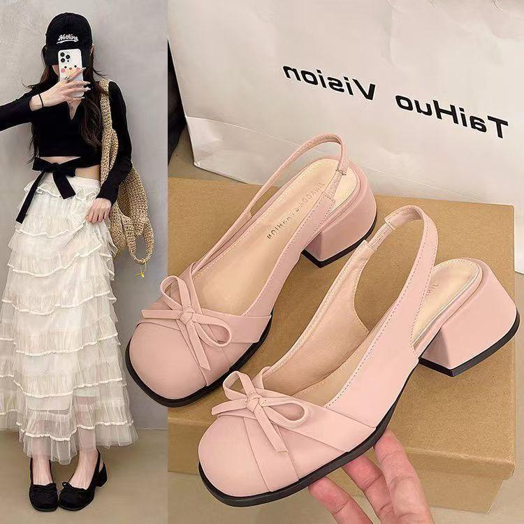 French Bow Thick Heel Bag Head Sandals Women's Summer 2025 New with Skirt Temperament Medium Heel High Heel Single Shoes