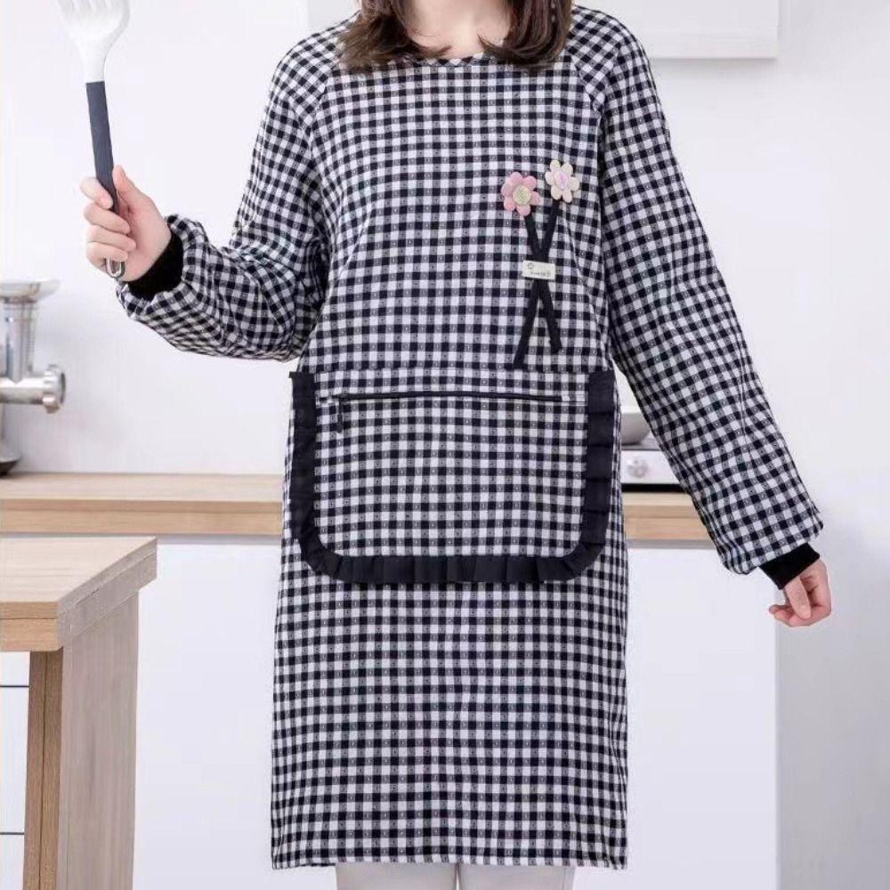 Plaid Design Long-sleeved Apron Waterproof Catering Work Clothes Dust-proof Smock Apron Household