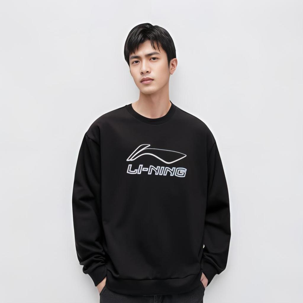 Li Ning Casual Sports Fleece Loose Crew Neck Logo Sweatshirt Men Sweatshirt Black AWDUH43-1
