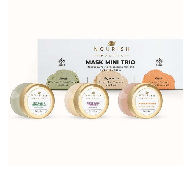 Nourish Mantra Mini Mask Trio Face Care Kit, Holy Basil & Neem Vardaan Mud Mask, Exo, Orange & Saffron Avanda Glow Mask (12g Each)