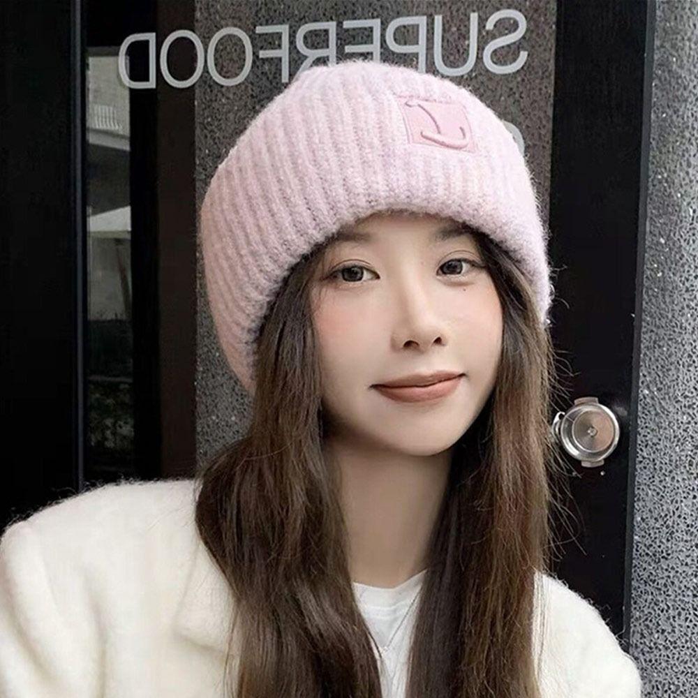 Windproof Warm Hat Solid Color Knitted Cap Winter Warm Beanies  Women