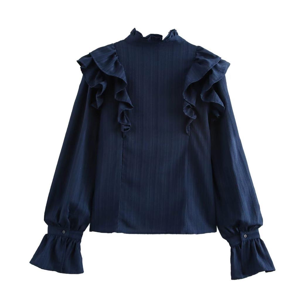 European and American Style, New Women's Clothing, Fashionable and Versatile Temperament, Textured Ruffle Edge Horn Sleeve Shirt
